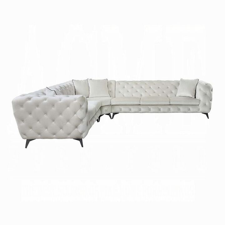 Ronia Sectional Sofa, 4 Throw Pillows, Tufted Ivory White, 133 Inch - Benzara
