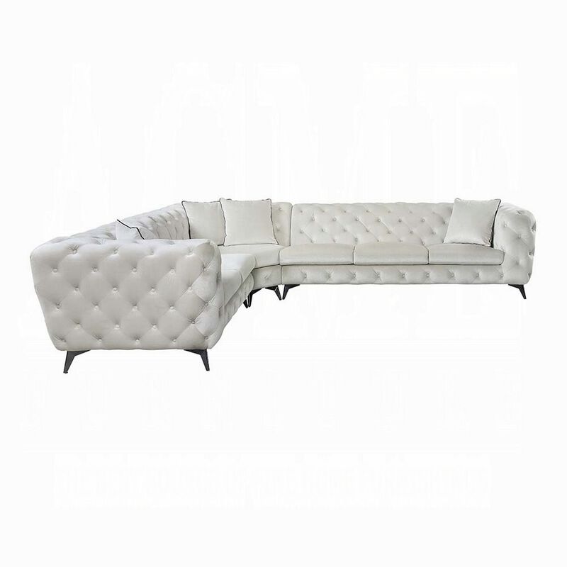 Ronia Sectional Sofa, 4 Throw Pillows, Tufted Ivory White, 133 Inch - Benzara