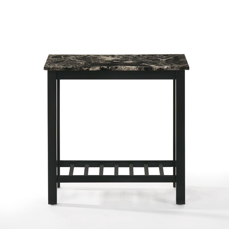 Elena 24 Inch Narrow Side Table, Lower Slatted Shelf, Faux Marble, Black - Benzara image number 2