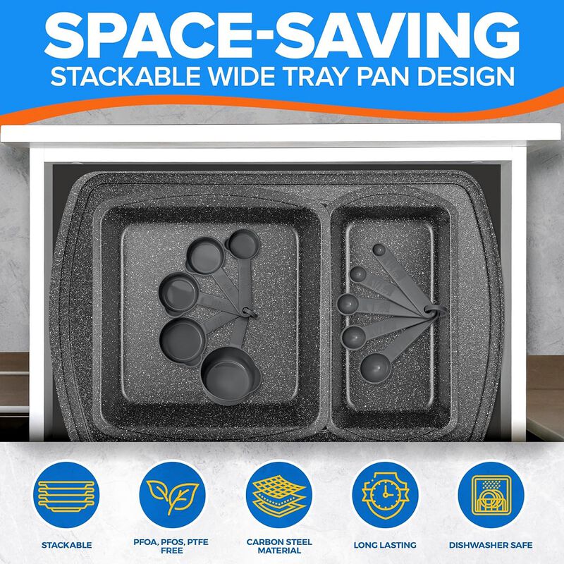 Stackable Baking Pan Set - Deluxe Nonstick White Marble Coating, Carbon Steel Bakeware Sets, PFOA, PFOS, PTFE Free, Recipe Booklet Included, Oven Safe (Up to 450°F), Set of 7