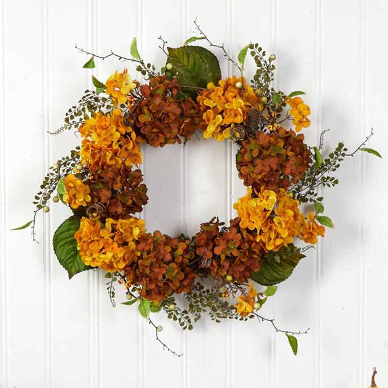 Nearly Natural 24-in Fall Hydrangea Artificial Autumn Wreath