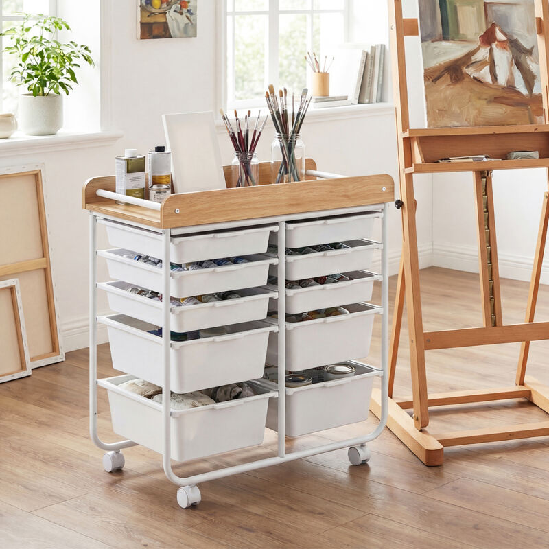 Office Rolling Storage Cart with 10 Drawers, Wooden Tabletop and Locking Wheels image number 5