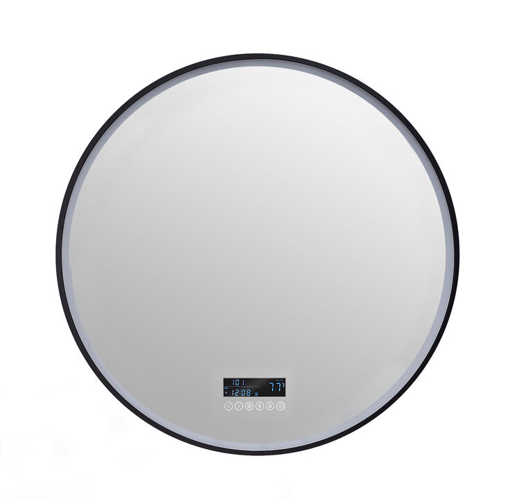 CIRQUE 30 in. Round LED Black Framed Mirror with Bluetooth, Defogger, and Digital Display