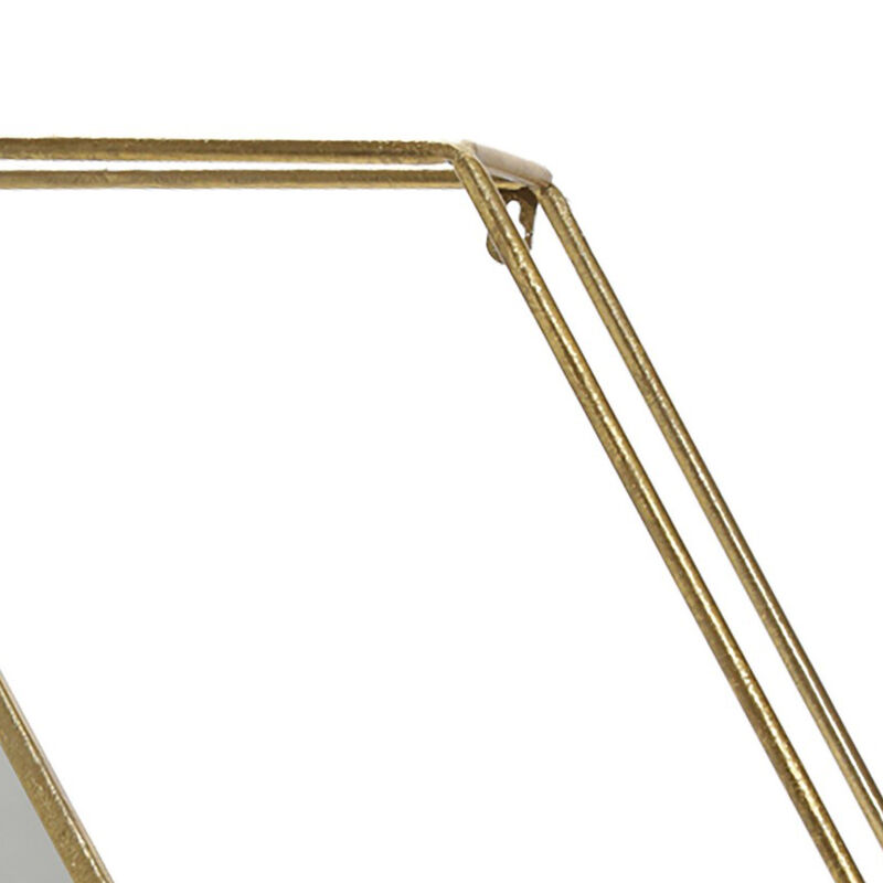 Hexagonal Shaped Metal Wall Shelf with 2 Display Cases, Gold and White - Benzara