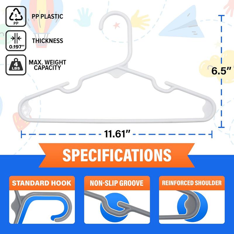 Lifemaster Plastic Kids Clothes Hanger &ndash; Children Clothes Hanger with Shoulder Notch, 11.6 Inch Space-Saving Closet Organizer for Baby, Toddler, and Kids Clothing, Hold Up to 4 lbs, Pack of 50, White