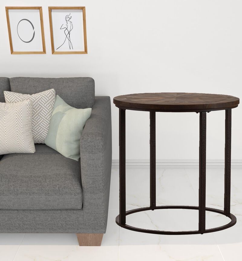 Homezia 24" Natural Wood Solid Wood And Iron Round End Table