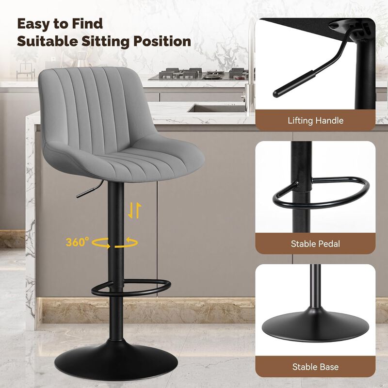 Swivel Bar Stools Set of 2, Upholstered Counter Height Bar Stools with Back and Footrest, 360 Degree Swivel Kitchen Island Chairs, Modern Barstools for Kitchen Counter, Home Bar, Dining image number 2