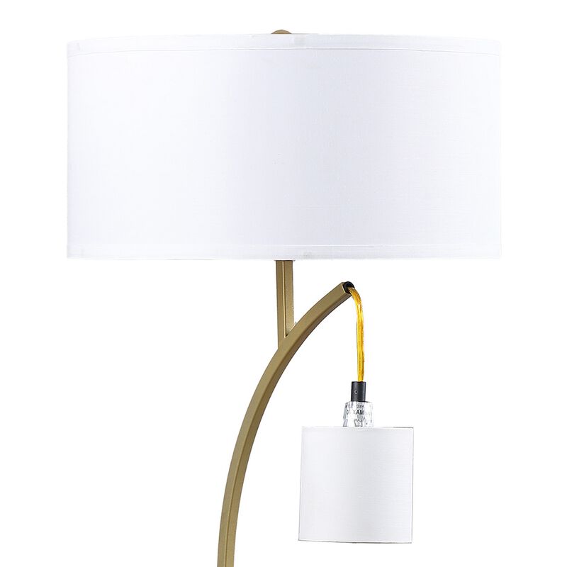 Jiya 29 Inch Arc Table Lamp, Hanging Design, 2 White Drum Shades, Gold - Benzara