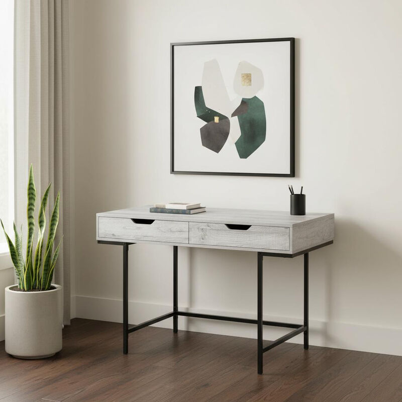 HomeRoots 47" Gray and Black Wood and Metal H-Shape Computer Desk With Two Drawers image number 1