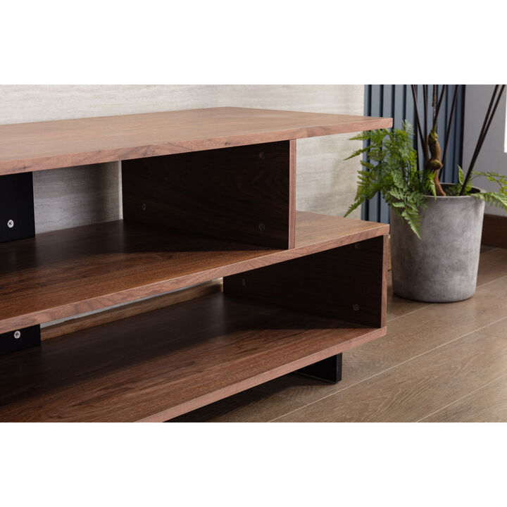 Iris Brown Walnut Finish TV Stand with 2 Levels of Shelves and Black Legs