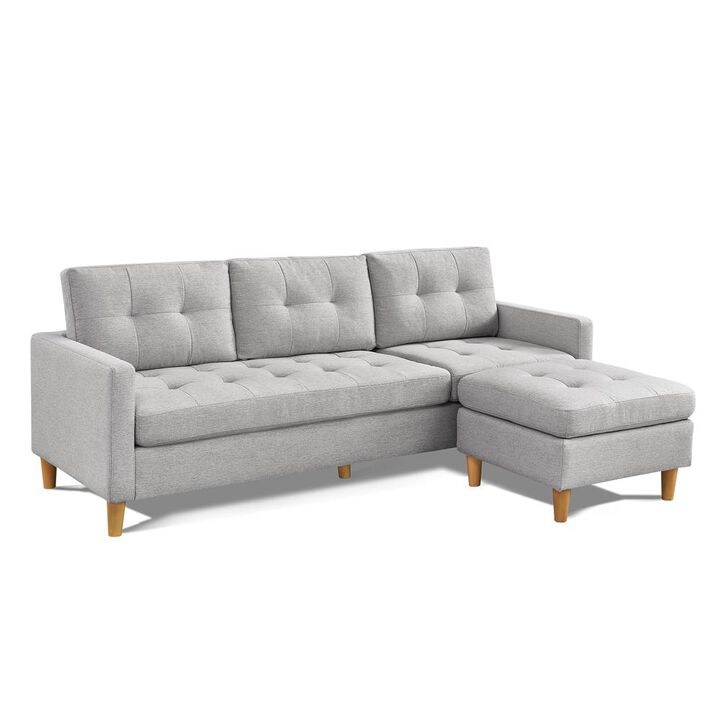 OS Home and Office Furniture Two Piece Upholstered Tufted L Shaped Sectional with Ottoman in Light Grey