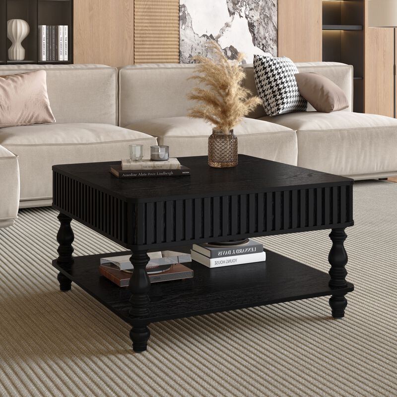 31.5 Inch Modern Square Lift-Top Coffee Table with Hidden Storage Tray, Fluted Wood Design, Wooden Living Room Center Table image number 2