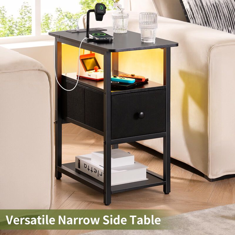 Yoobure Narrow Side Table, LED End Table with Charging Station, 3-Tier End Tables Living Room with Adjustable Fabric Drawer, Sma