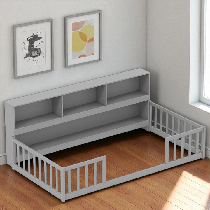 Kids Montessori Floor Bed with Bookcase, Comfortable and Functional Bedroom Piece