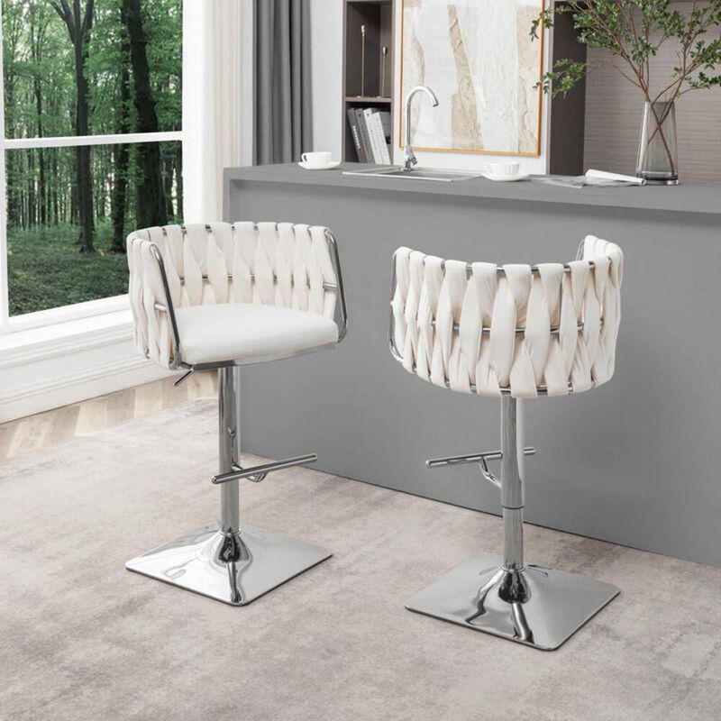 Best Quality Furniture Velvet upholstered barstool in Cream fabric and silver color base (SET OF 2)