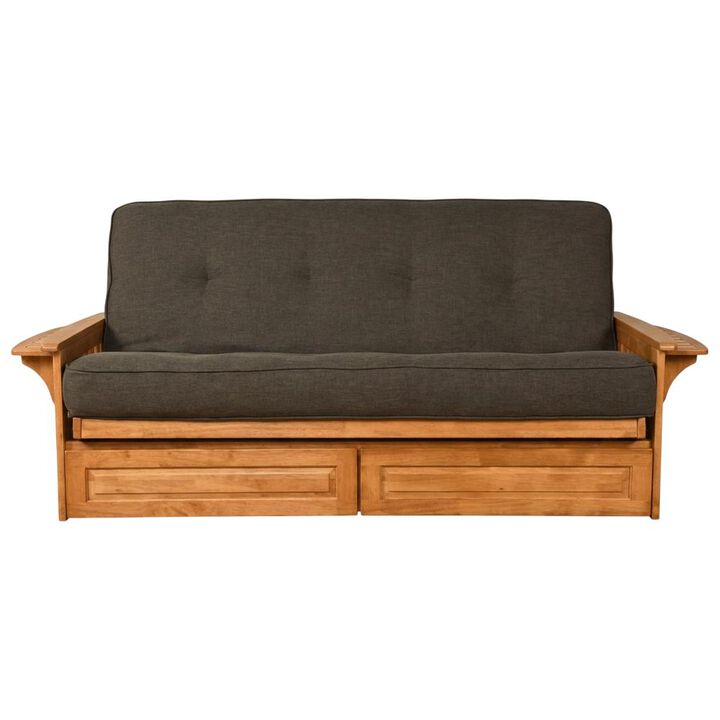 Phoenix Frame-Butternut Finish-Linen Charcoal Mattress-Storage Drawers