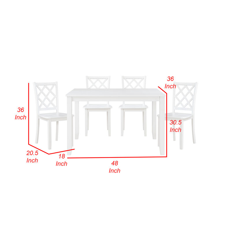 Oria 5 Piece Dining Set with Table, 4 Lattice Back Chairs, White Solid Wood - Benzara