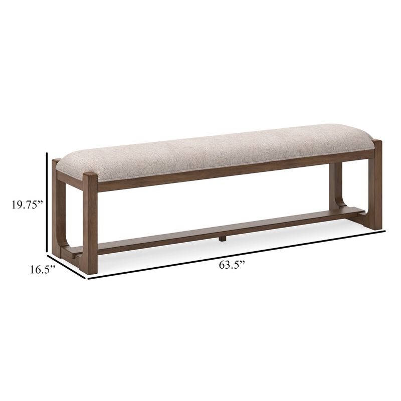Cabal Large Dining Bench, Padded Beige Polyester, Brown Wood, 64 Inch - Benzara