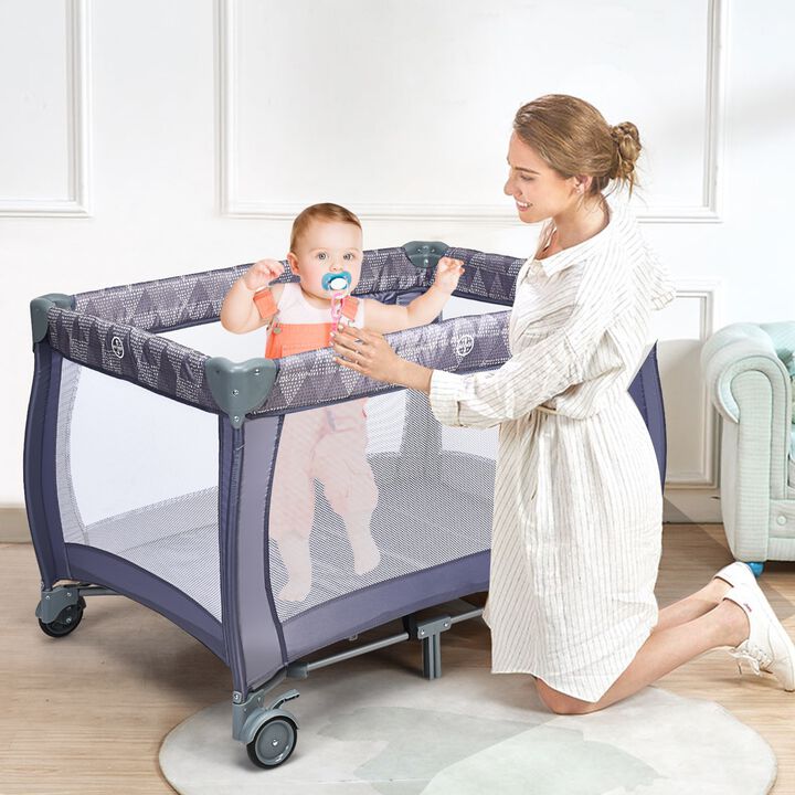 Portable Foldable Baby Playard Nursery Center with Changing Station-Gray