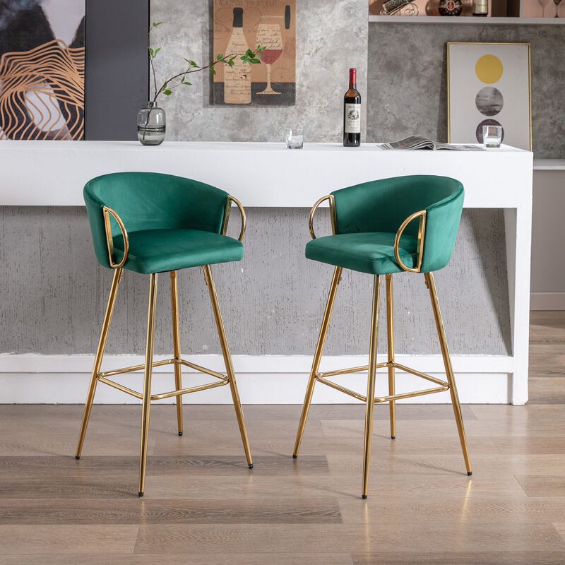 26 Inch Set of 2 Velvet Bar Stools with Chrome Footrest and Golden Base Counter Height Stools image number 5