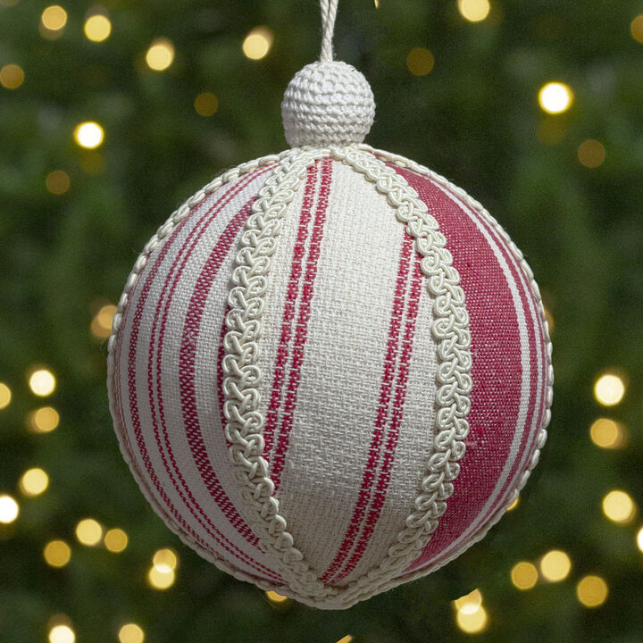 6" White and Red Striped Ball Christmas Ornament with Rope Accent