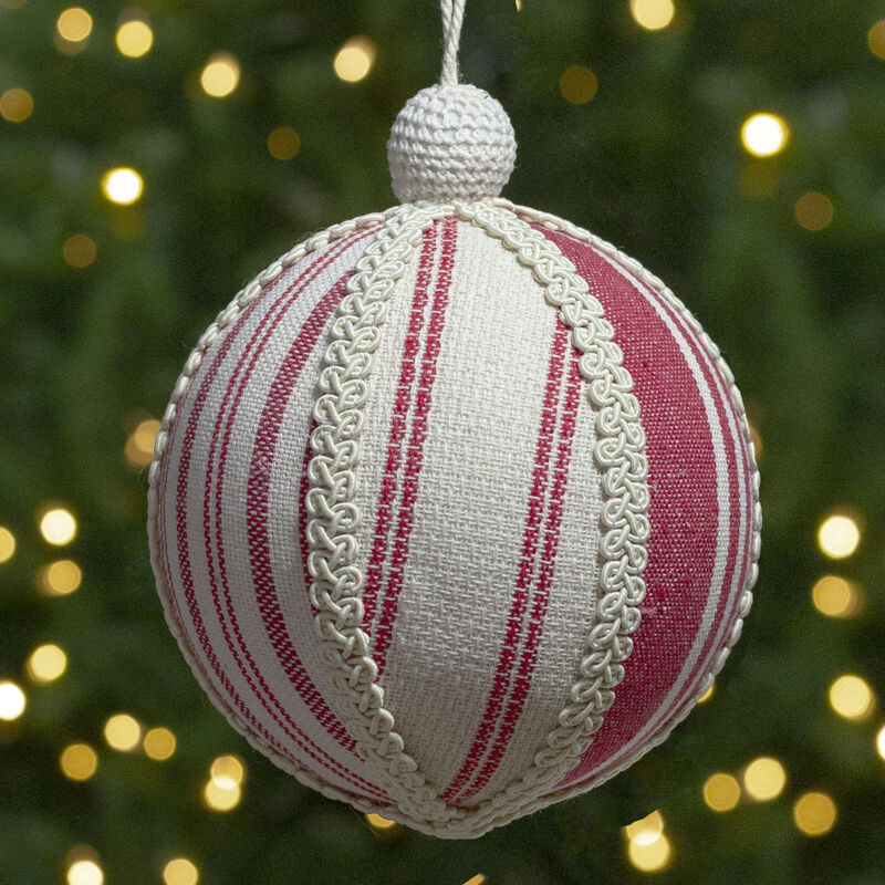 6" White and Red Striped Ball Christmas Ornament with Rope Accent image number 1