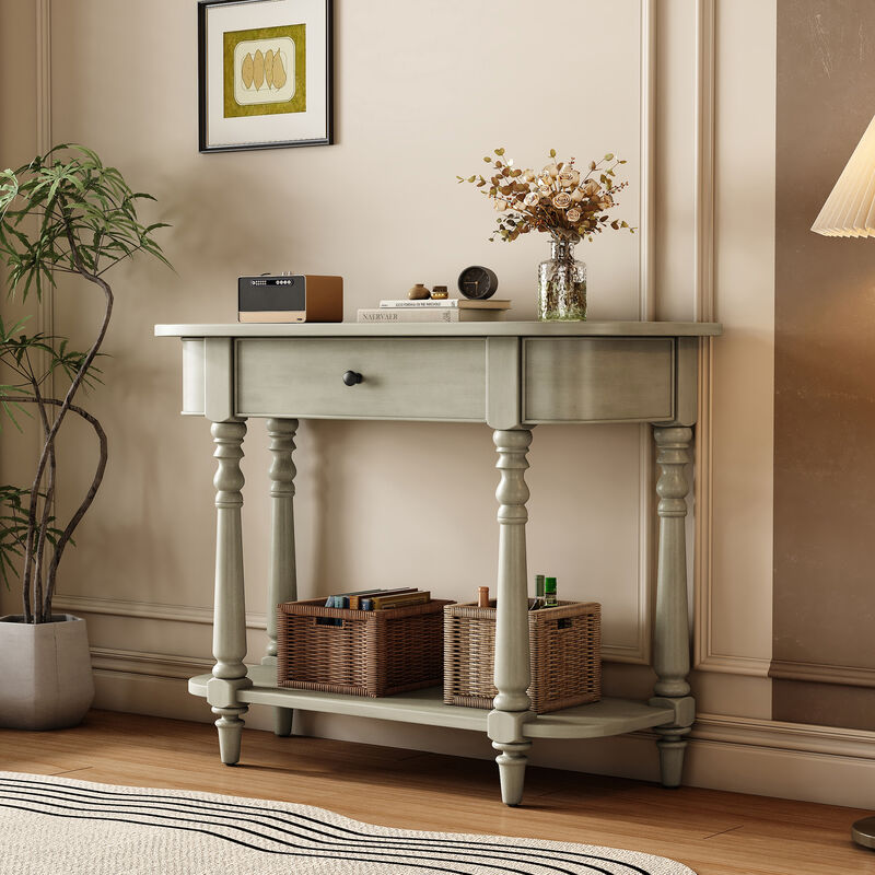Whisen Retro Corner-curved Console Table with Top Drawer and Open Shelf for Living Room and Entryway - Beige