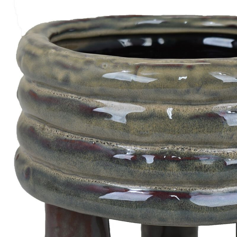 Garden Planter, Decorative Turned Style Glossy Gray Ceramic, 10 Inch - Benzara