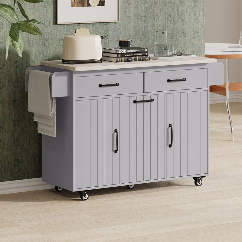 Kitchen Island with Trash Can Storage Cabinet, Kitchen Cart with Drop Leaf, Spice Rack, Towel Rack and Drawer, Rolling Kitchen Island on Wheels with Adjustable Shelf, Grey