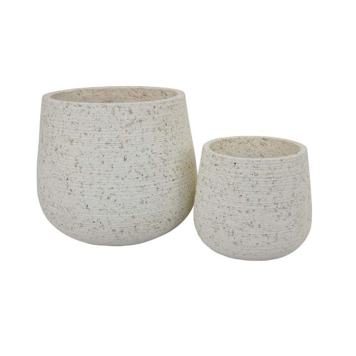 Line 12 Inch Planter Set of 2, Carved Resin Body, Textured White Finish - Benzara