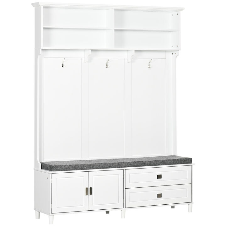 HOMCOM Hall Tree with Storage Bench, Entryway Bench with Coat Rack, Accent Coat Tree with Storage Shelves, Cabinet and Drawers for Hallway, Mudroom, White