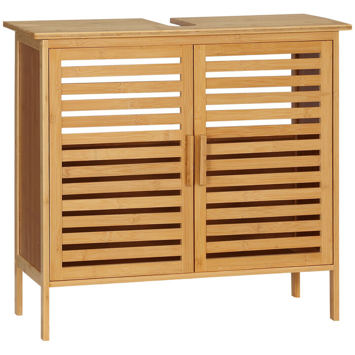 kleankin Freestanding Under Sink Cabinet with 2 Slatted Doors Bamboo Frame