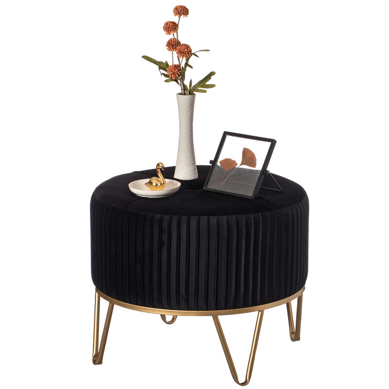Round Velvet Ottoman Stool Raised with Hairpin Gold Base, Black, Medium
