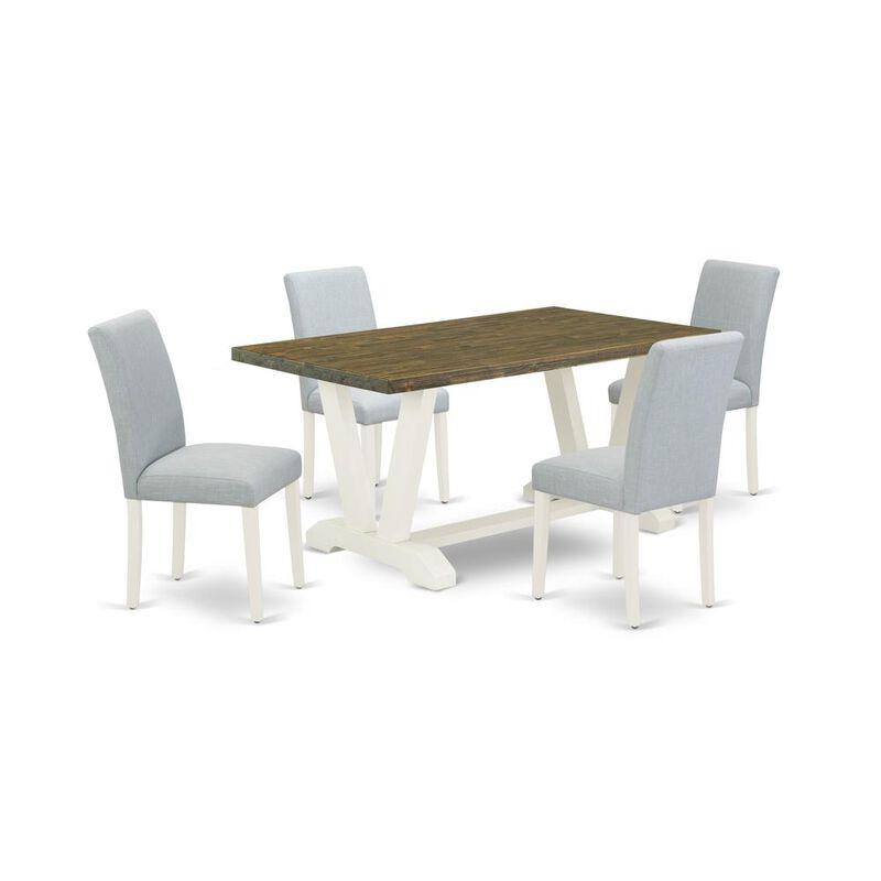 East West Furniture 5-Pc dining room table set Includes 4 Kitchen Chairs with Upholstered Seat and High Back and a Rectangular Dining Table - Linen White Finish