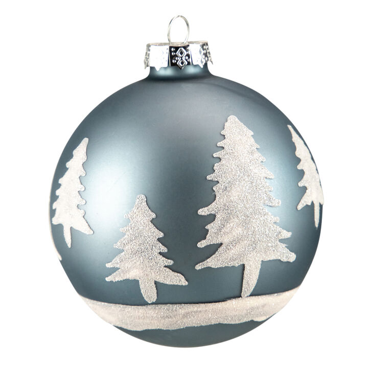 4" Slate Blue with Glittered Trees Glass Ball Christmas Ornament
