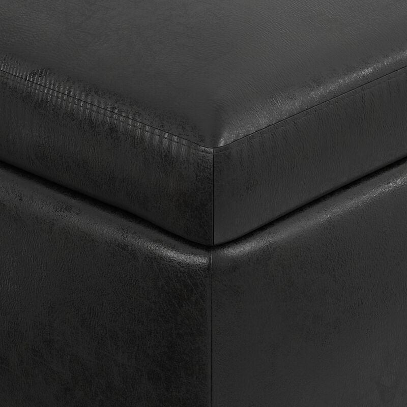 Owen 36 inch Wide Mid Century Modern Rectangle Small Rectangular Storage Ottoman in Distressed Black Vegan Faux Leather, Assembled image number 4