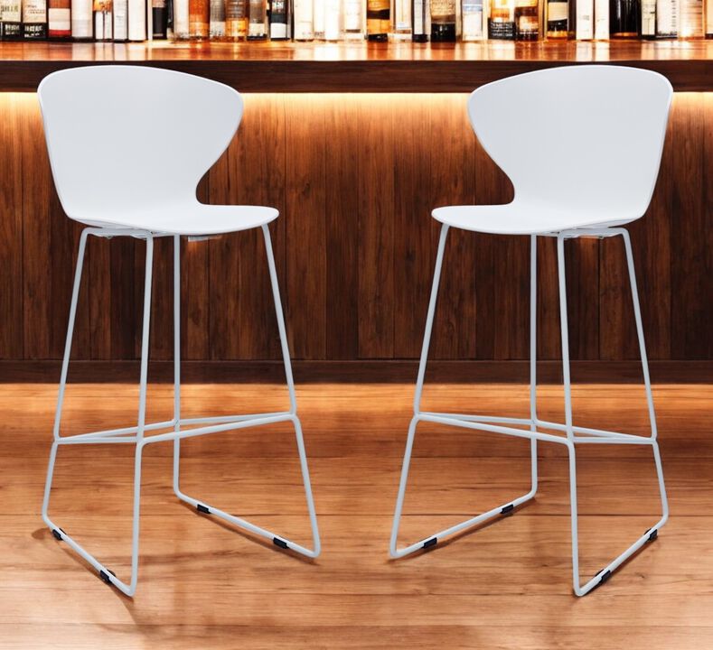 HomeRoots Set of Two 30" White and Silver Heavy Duty Plastic and Metal Low Back Bar Height Bar Chairs