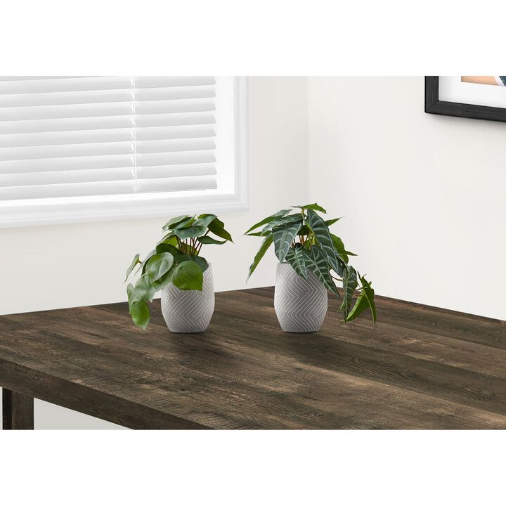 Monarch Specialties I 9582 - Artificial Plant, 8" Tall, Alocasia, Indoor, Faux, Fake, Table, Greenery, Potted, Set Of 2, Decorative, Green Leaves, White Cement Pots
