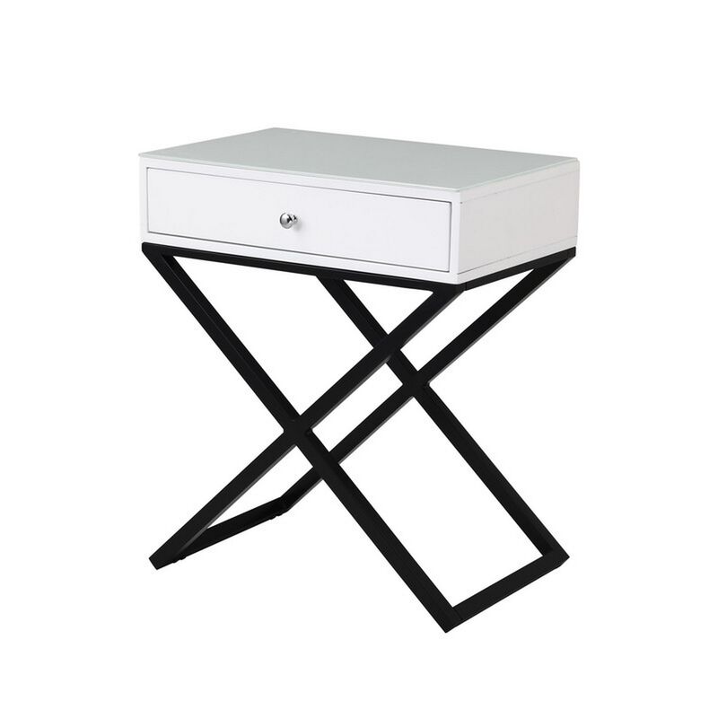 Zeno 27 Inch 1 Drawer Nightstand, Glass Top, Black Metal Cross Legs, White - Benzara