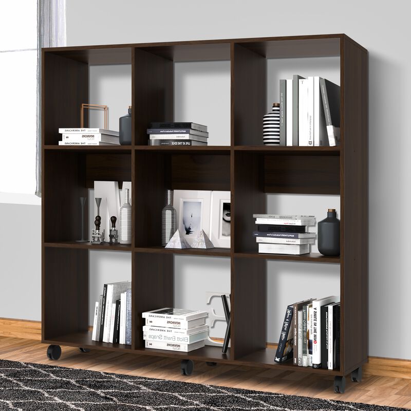 49 Inch Handcrafted Classic Wood Bookcase, 9 Open Compartments, Caster Wheels, Espresso Brown-Benzara