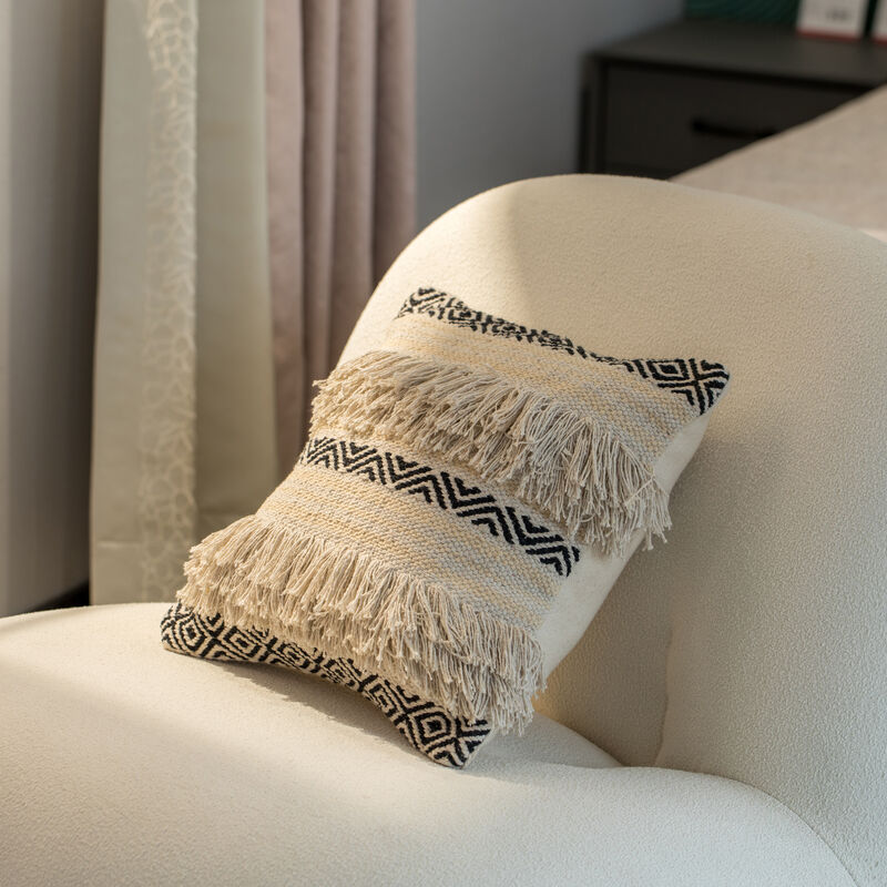 16" Handwoven Cotton Throw Pillow Cover with Boho Design and Fringed Lines with Filler, Natural