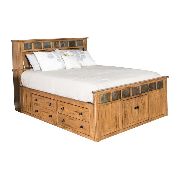 Marv Queen Size Bed, Storage Footboard Bookcase Headboard, Light Brown - Benzara