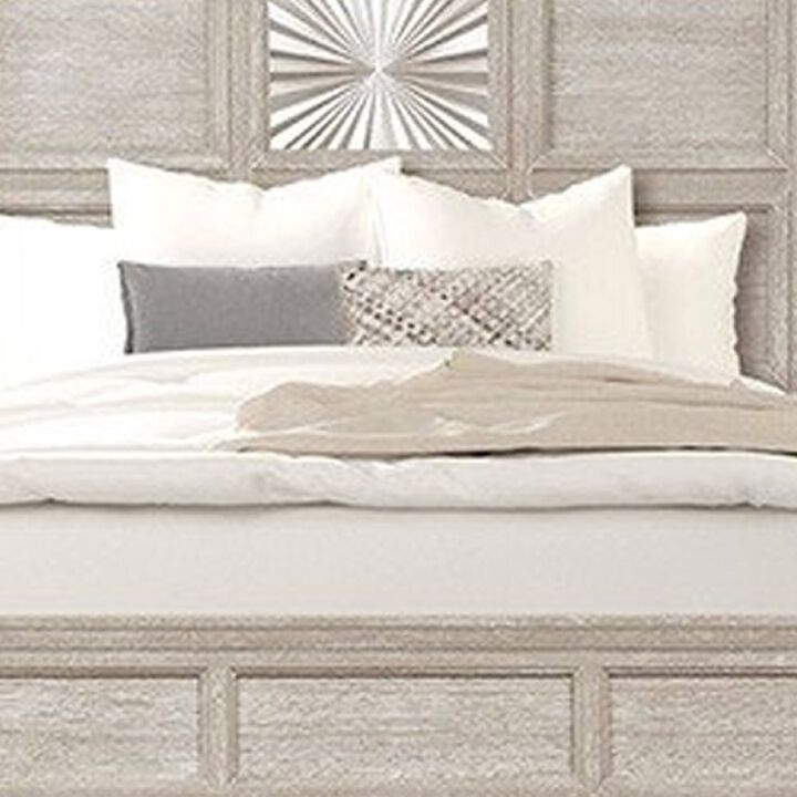 Diaz Queen Bed, Sunburst Pattern, Recessed Panel, Light Gray Wood - Benzara
