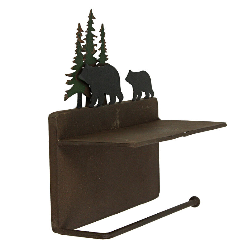 Rustic Brown Painted Metal Walking Bear Toilet Paper Roll Holder W/ Phone Shelf image number 0