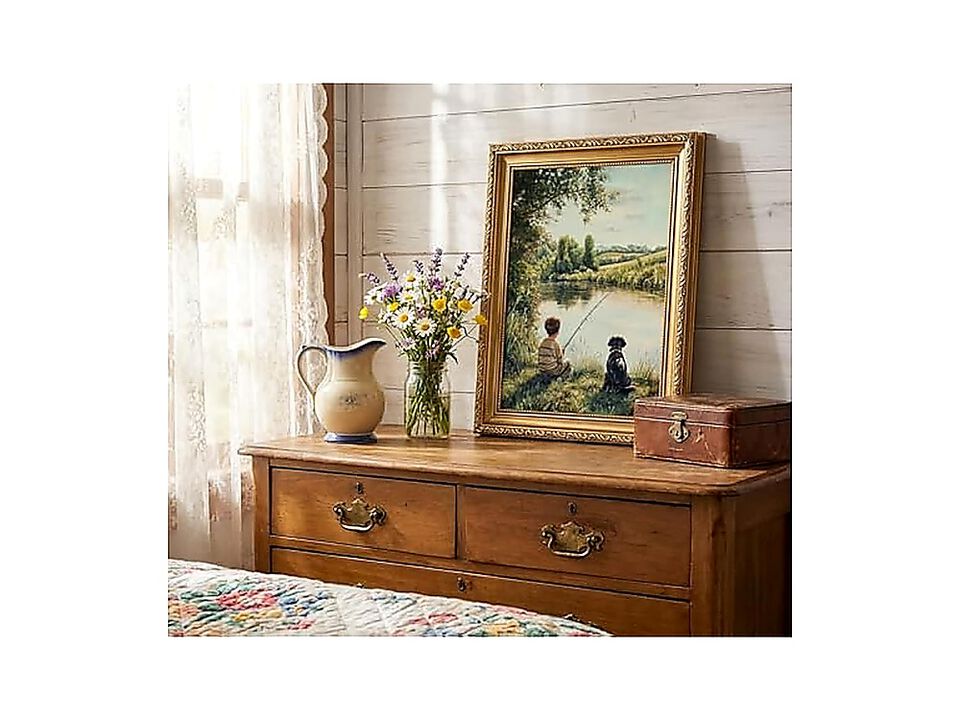 Vintage Gold Framed Canvas Wall Art Country Boy Fishing Decor Spring Rustic Lake