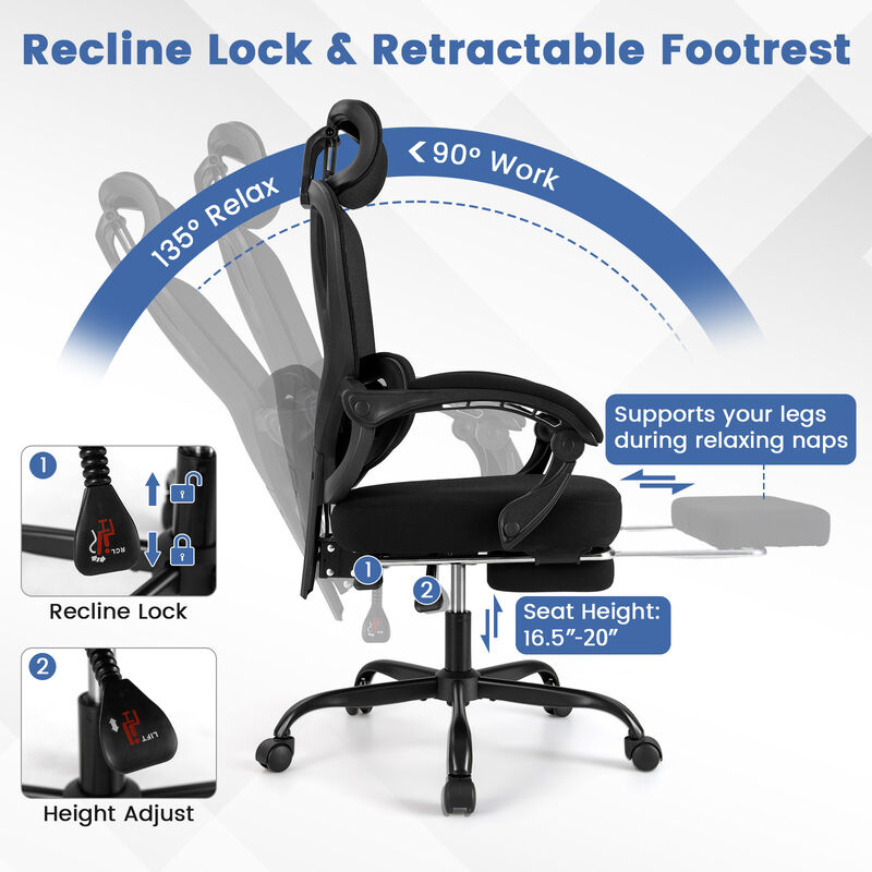 Mesh Office Desk Chair with High Back Support and Retractable Footrest image number 5