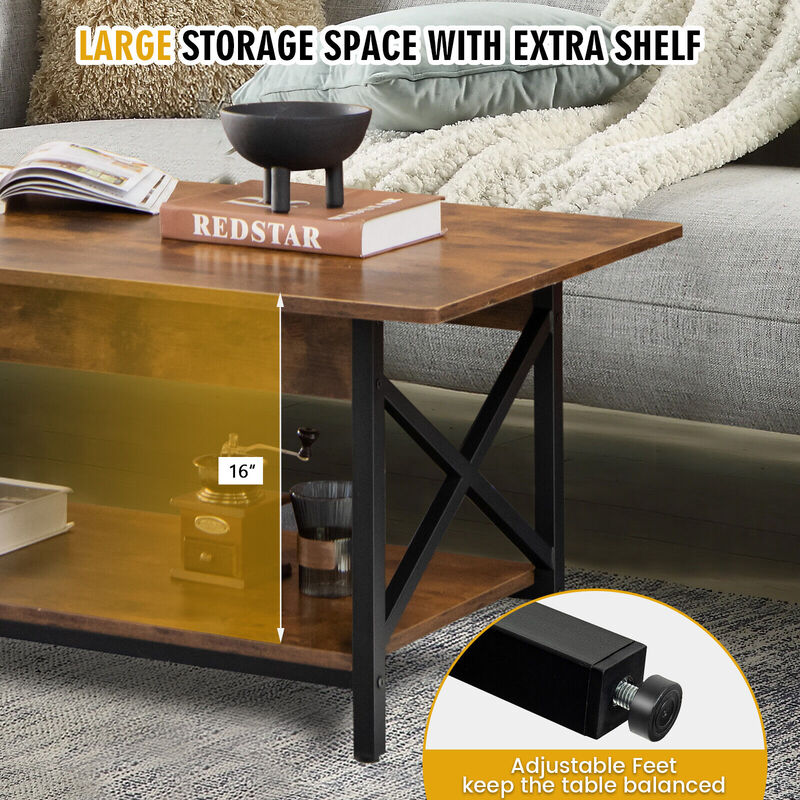 2-Tier Industrial Rectangular Coffee Table with Storage Shelf
