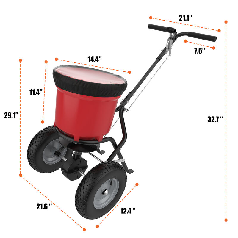 FUFU&GAGA 50lb Walk-Behind Spreader &ndash; Durable Red Frame, Adjustable Feed Control, Rubber Pneumatic Tires, (21.6" L x 12.4" W x 32.7" H), Red image number 9