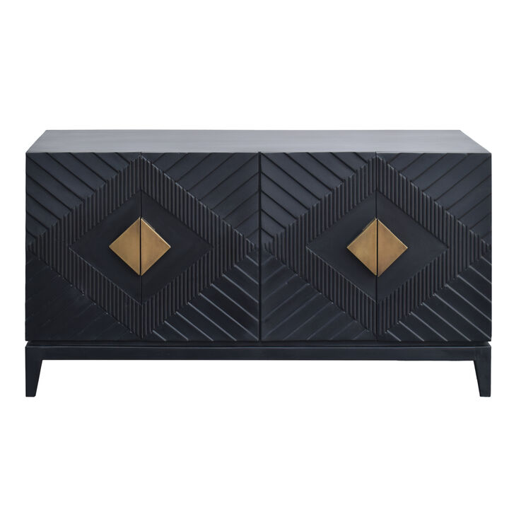 Abiel 55 Inch Sideboard Buffet Console with 2 Door Cabinet, Brass Coated Diamond Cut Handles, Matte Black Mango Wood