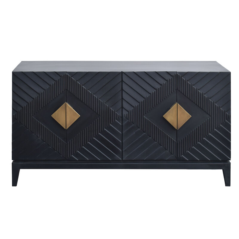 Abiel 55 Inch Sideboard Buffet Console with 2 Door Cabinet, Brass Coated Diamond Cut Handles, Matte Black Mango Wood
